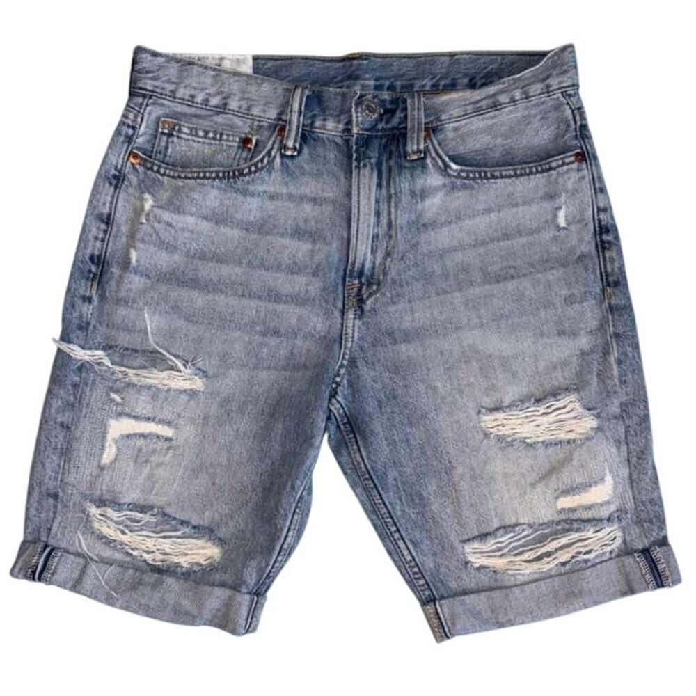 H&M Slim Fit Cuffed Shorts Men's Blue Denim Distressed Pockets Zip Fly - 30